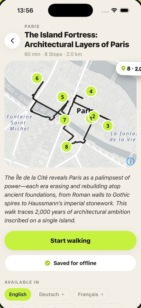 Audiowalks: route preview with numbered stops